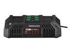 Black dual battery charger with green and red indicator lights, showing charging times for various capacities.