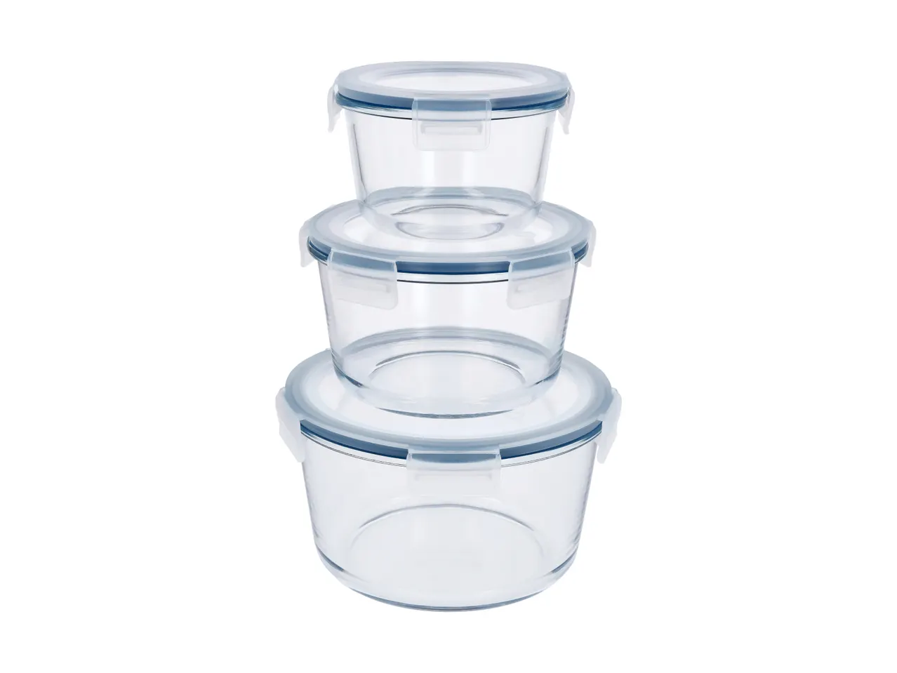 Three round glass food storage containers with blue-rimmed clear lids, stacked from smallest to largest.