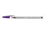 A purple BIC Cristal ballpoint pen with its cap removed.