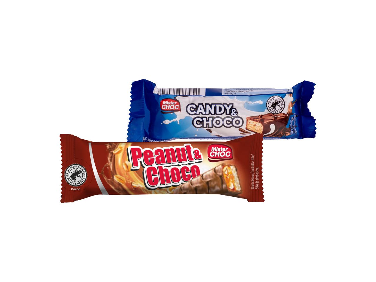 Dve čokoladice Mister Choc, jedna sa kikirikijem i čokoladom, druga sa slatkišima i čokoladom.