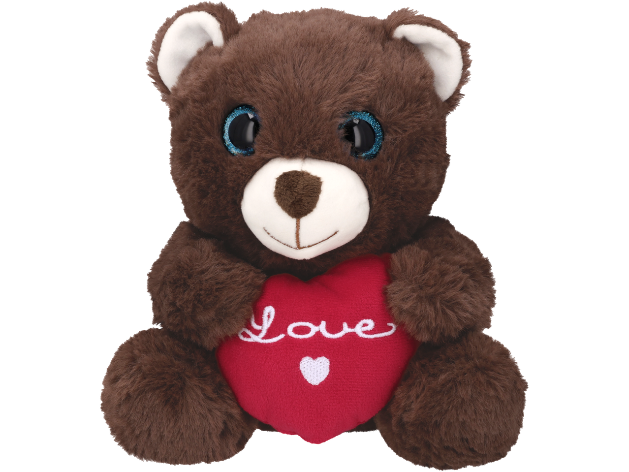 Rudasis pliušinis meškiukas su blizgančiomis akimis, laikantis raudoną širdį su užrašu „Love“.