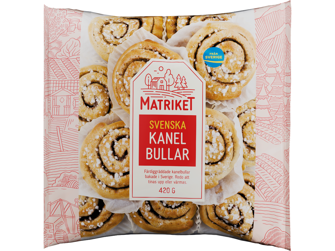 Förpackning med Matriket Swedish Kanelbullar, 420g, med en blå Från Sverige-etikett.