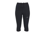 Black women's capri sports leggings with a subtle logo on the left thigh.
