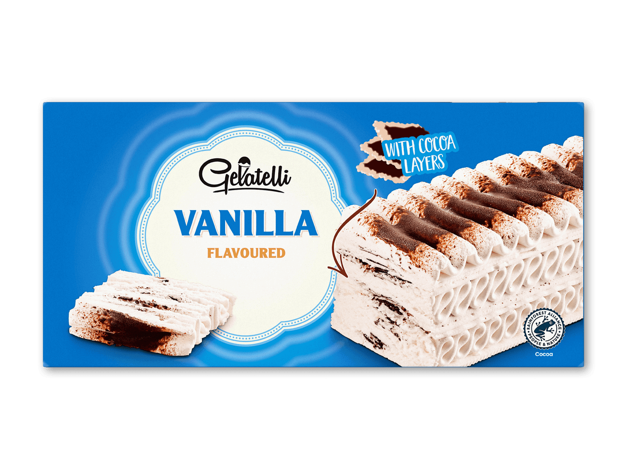Vaniljeis med kakaolag og kakaodrys på en blå baggrund.