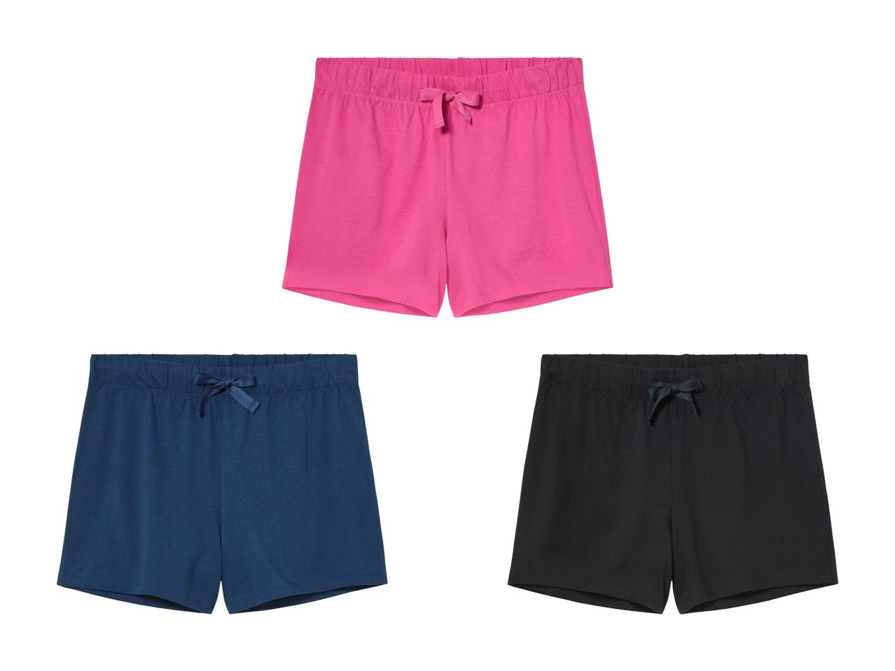 Drei Kinder-Shorts in Pink, Dunkelblau und Schwarz.