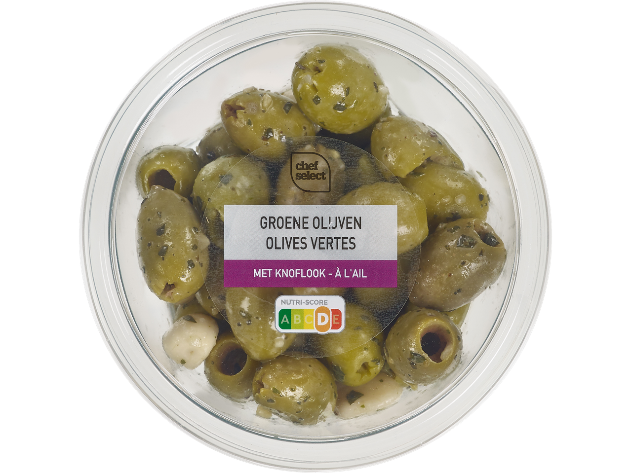 Olives vertes Chef Select à l'ail avec Nutri-Score C.