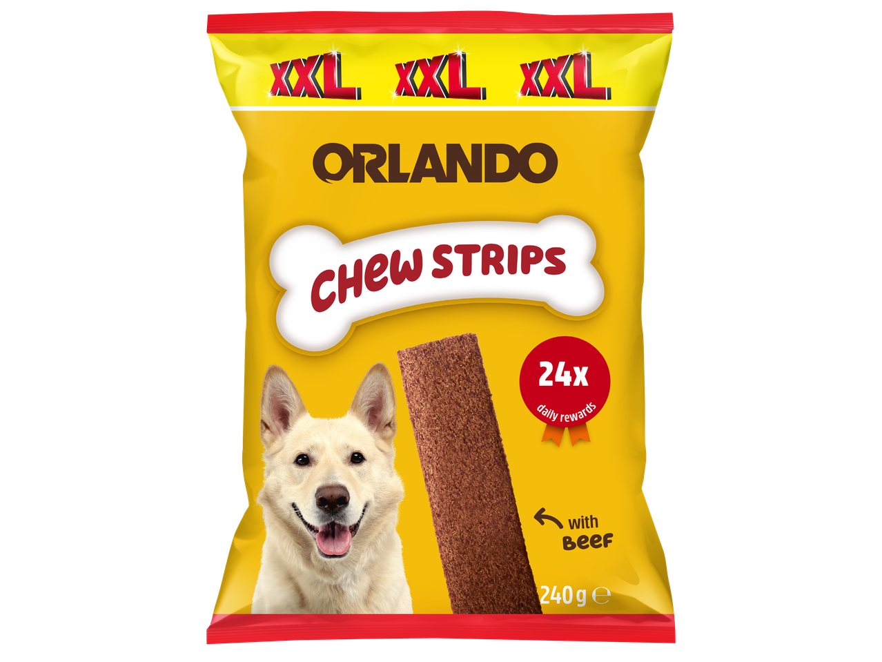Жълта опаковка лакомства за кучета с надпис 'XXL Chew Strips' и изображение на куче.