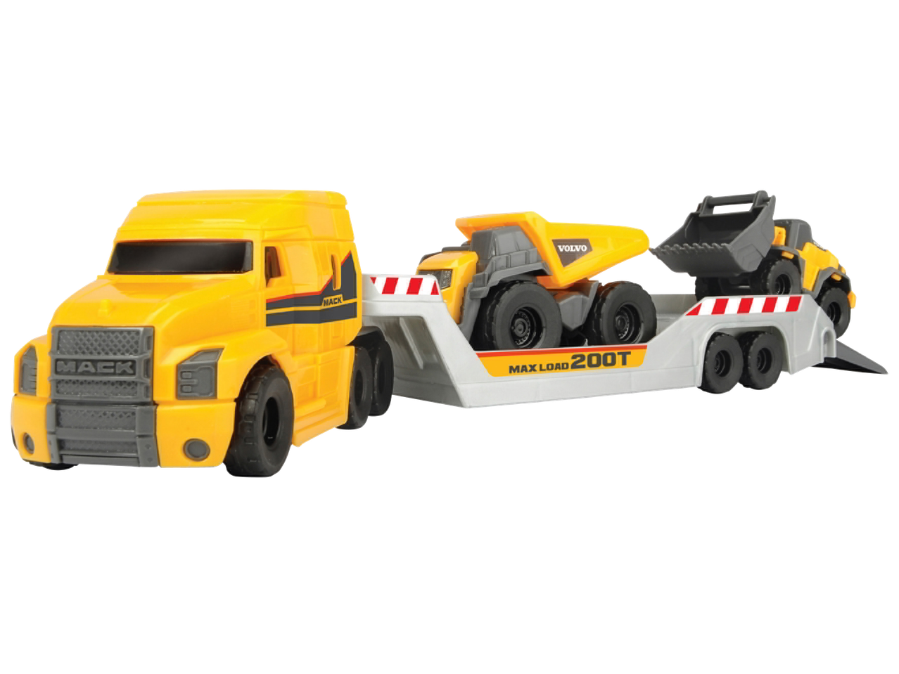 Жълт камион Mack с ремарке, превозващо жълт самосвал Volvo и товарач.