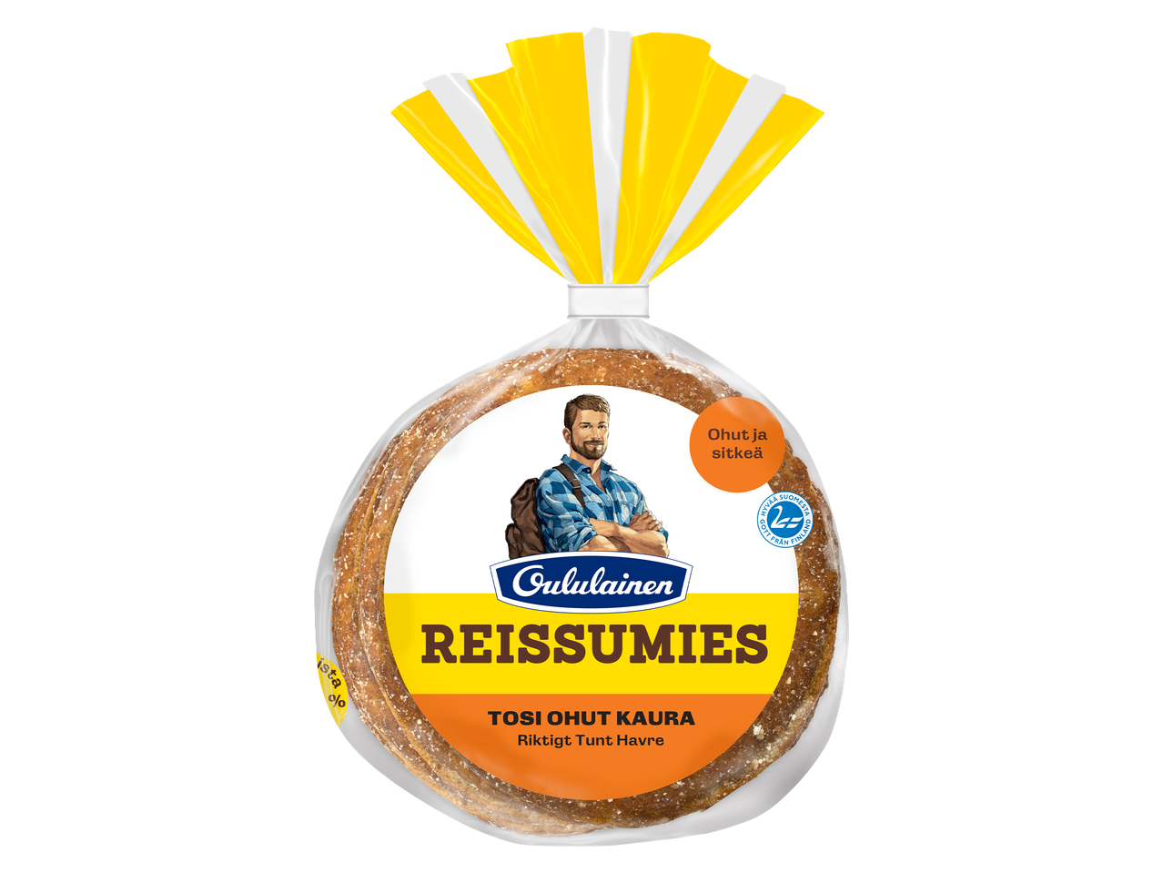 Pakkaus ohuita kauraleipiä, jossa on kuva miehestä ja tekstiä.