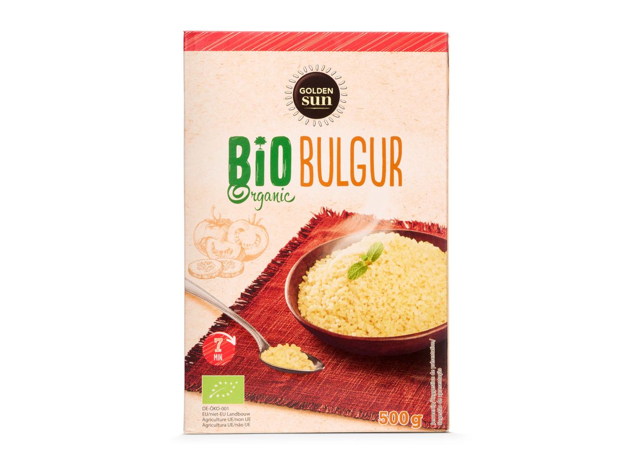Golden Sun Bio Bulgur: 500g biologisch, klaar in 7 minuten.