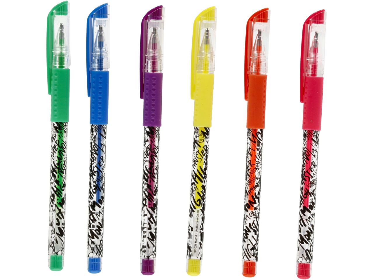 Six colorful gel pens with clear caps and Monster High branding.