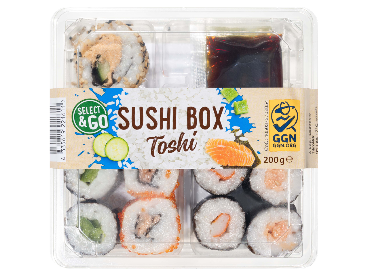 Sushi válogatás szójaszósszal, műanyag dobozban.