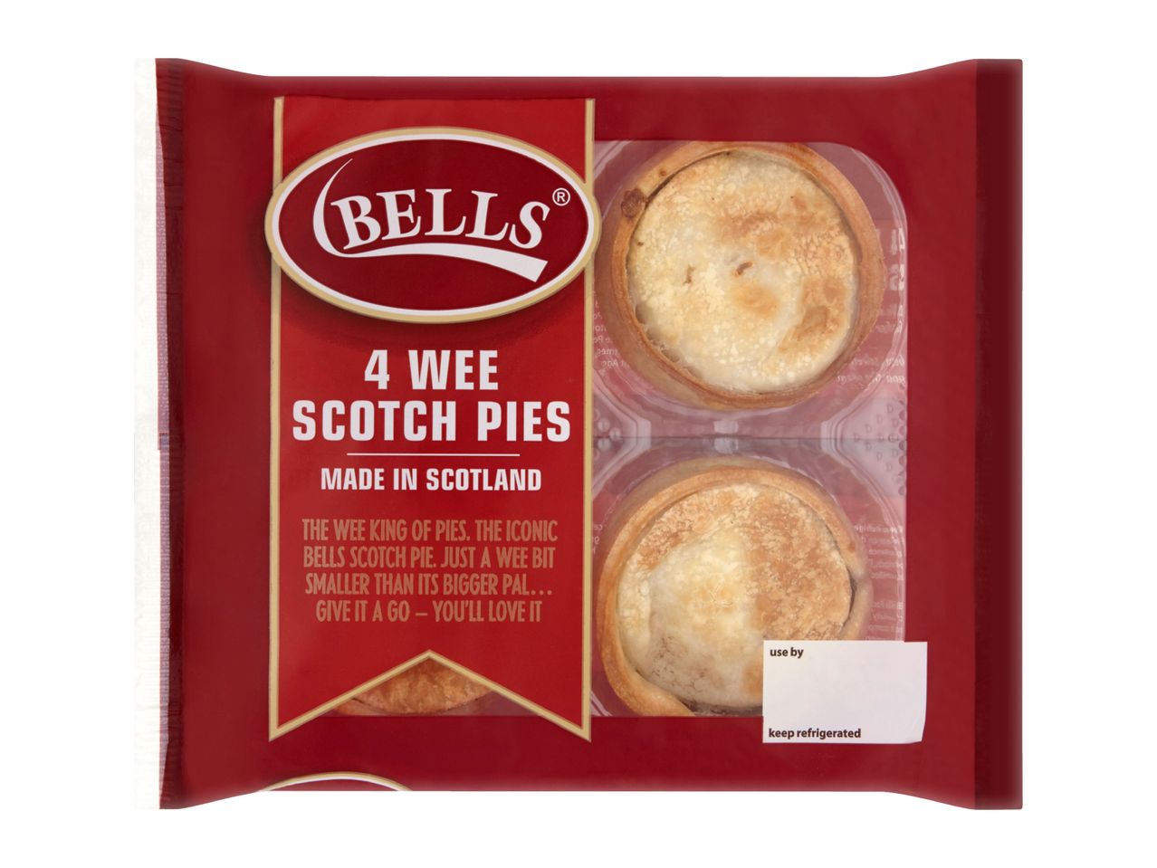 Four small Scotch pies in a clear plastic tray, packaged in a red wrapper with text.