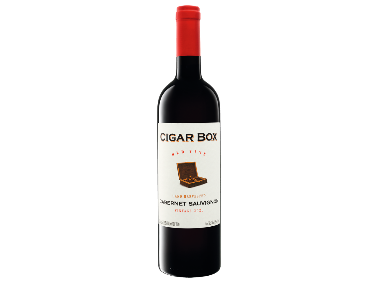 Bouteille de vin rouge Cigar Box Cabernet Sauvignon Vintage 2020 avec une feuille rouge sur le col.