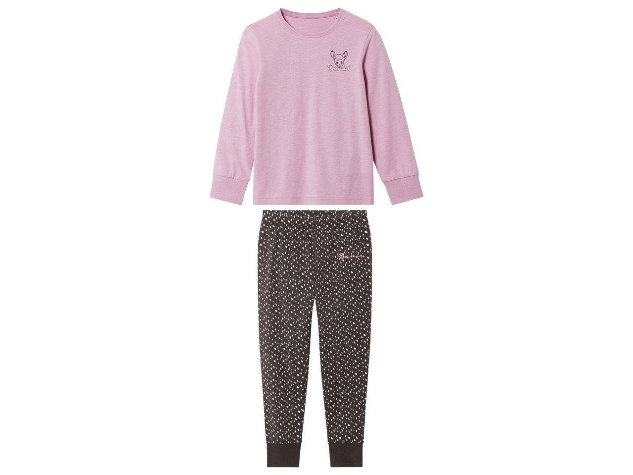 Bambi long-sleeve pajama set with a pink top and dark spotted pants