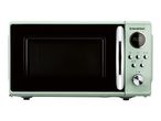 SilverCrest retro-style microwave oven in light green with a digital display showing 14:00.