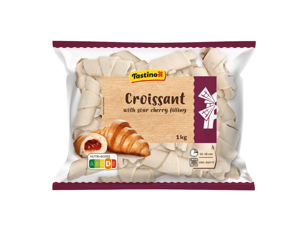 Pakovanje smrznutih kroasana sa punjenjem od višnje, sa uputstvima za pečenje i Nutri-Score oznakom.