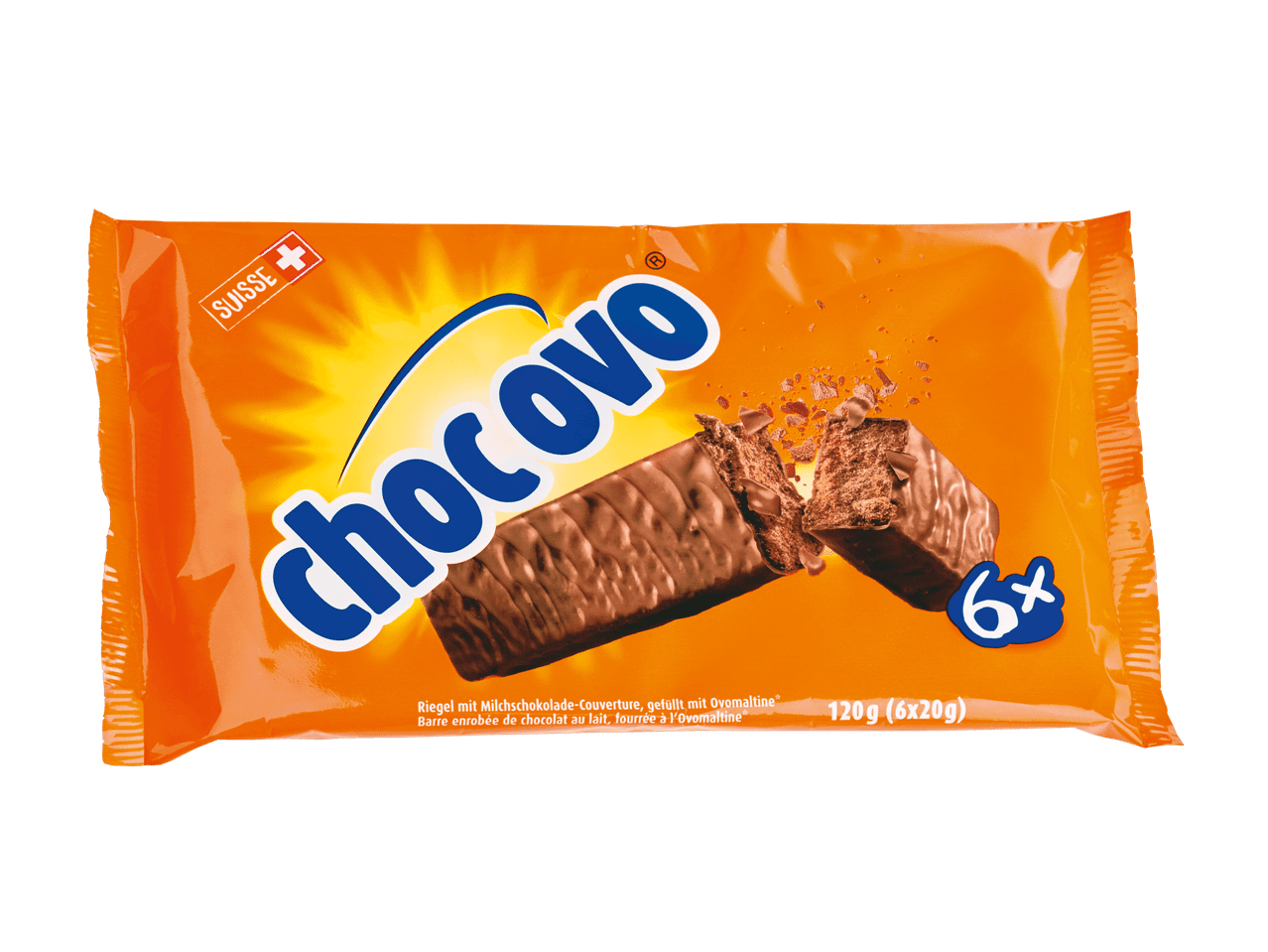Barres chocolatées au lait fourrées, paquet orange avec 6 barres de 120g.