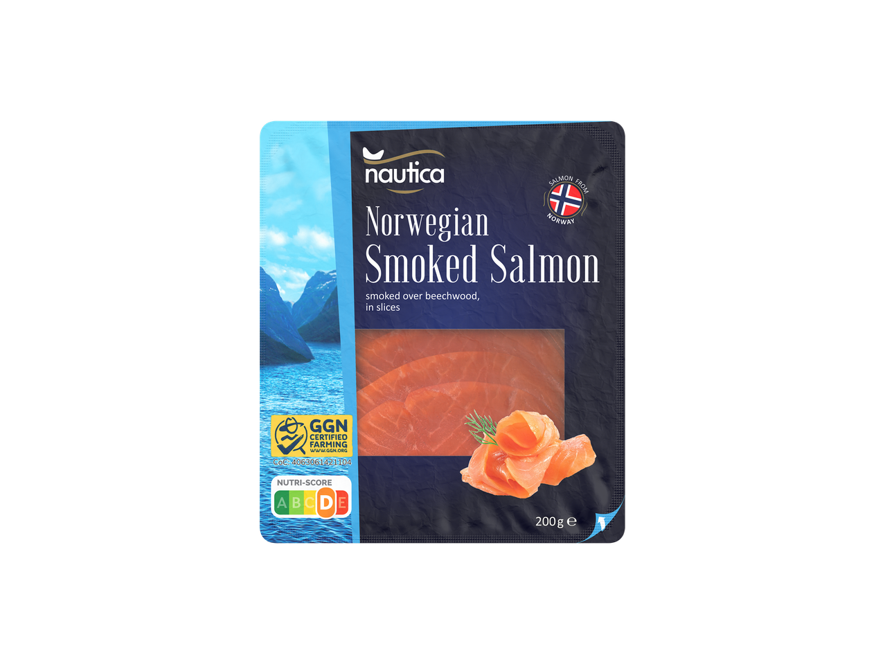 Nautica Gerookte Noorse zalm, füstölt lazac szeletekben, 200g-os kiszerelés.