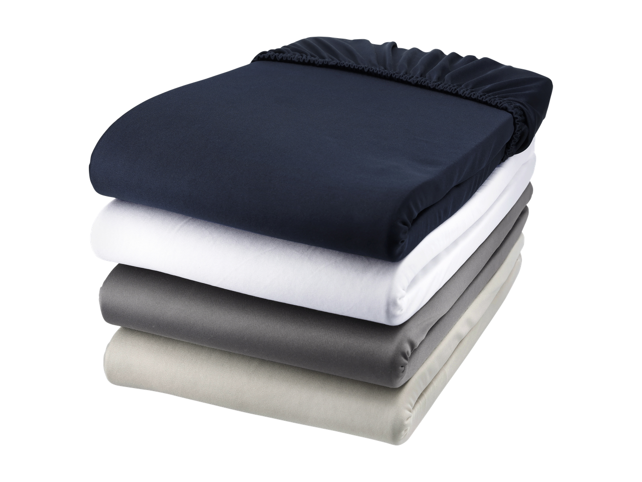 Zložen kup rjuh z elastiko v mornarsko modri, beli, sivi in bež barvi.