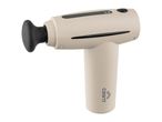 Beige massage gun with a black attachment and control panel.