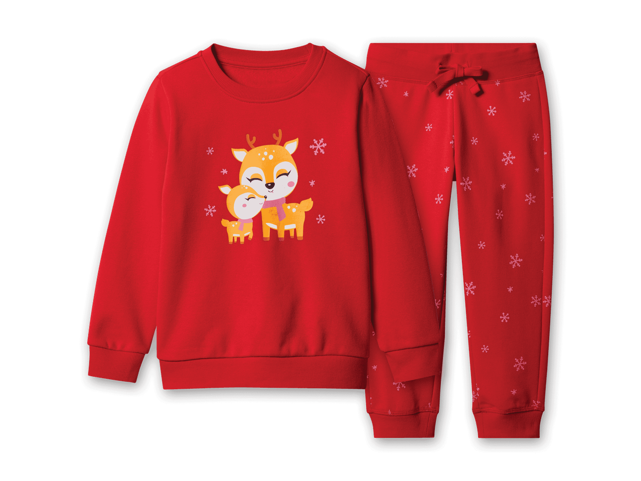 Roter Weihnachtspyjama für Kinder mit Rentier-Motiv und Schneeflocken