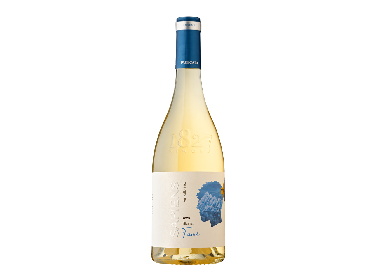 O sticlă de vin alb Purcari Sapiens Fumé 2023, cu etichetă albă și albastră.