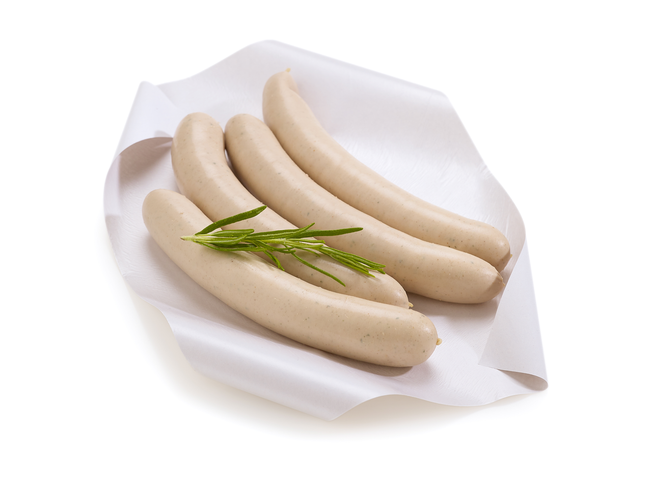 Quatre saucisses grillées Cobolux avec une branche de romarin sur un plateau en papier blanc.