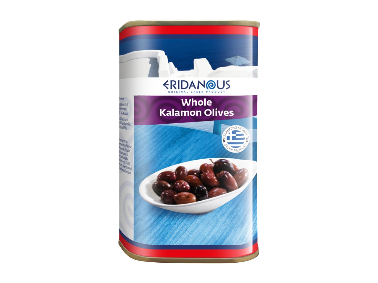 Can of whole Kalamon olives with a Greek product label.