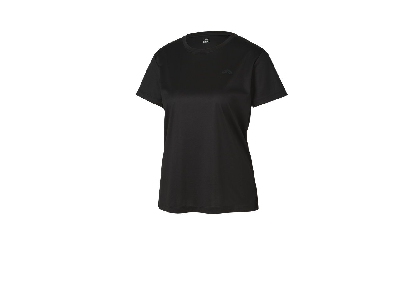 T-shirt de sport noir pour femme avec manches courtes et col rond.