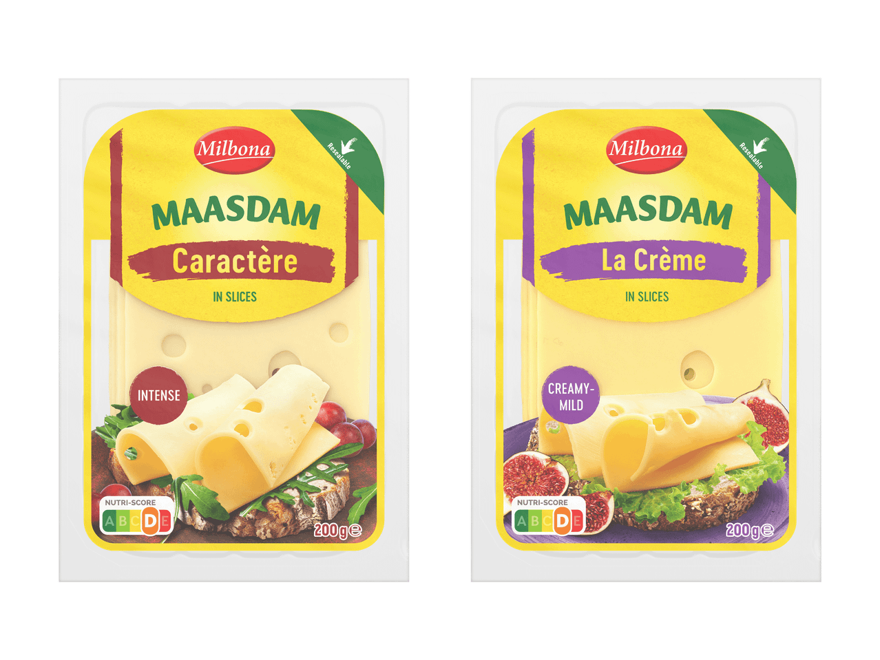 Due confezioni di fette di formaggio Maasdam: una intensa e una cremosa-delicata.