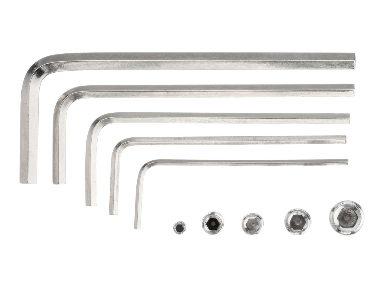 A set of hex keys of various sizes, arranged with corresponding hex screws.
