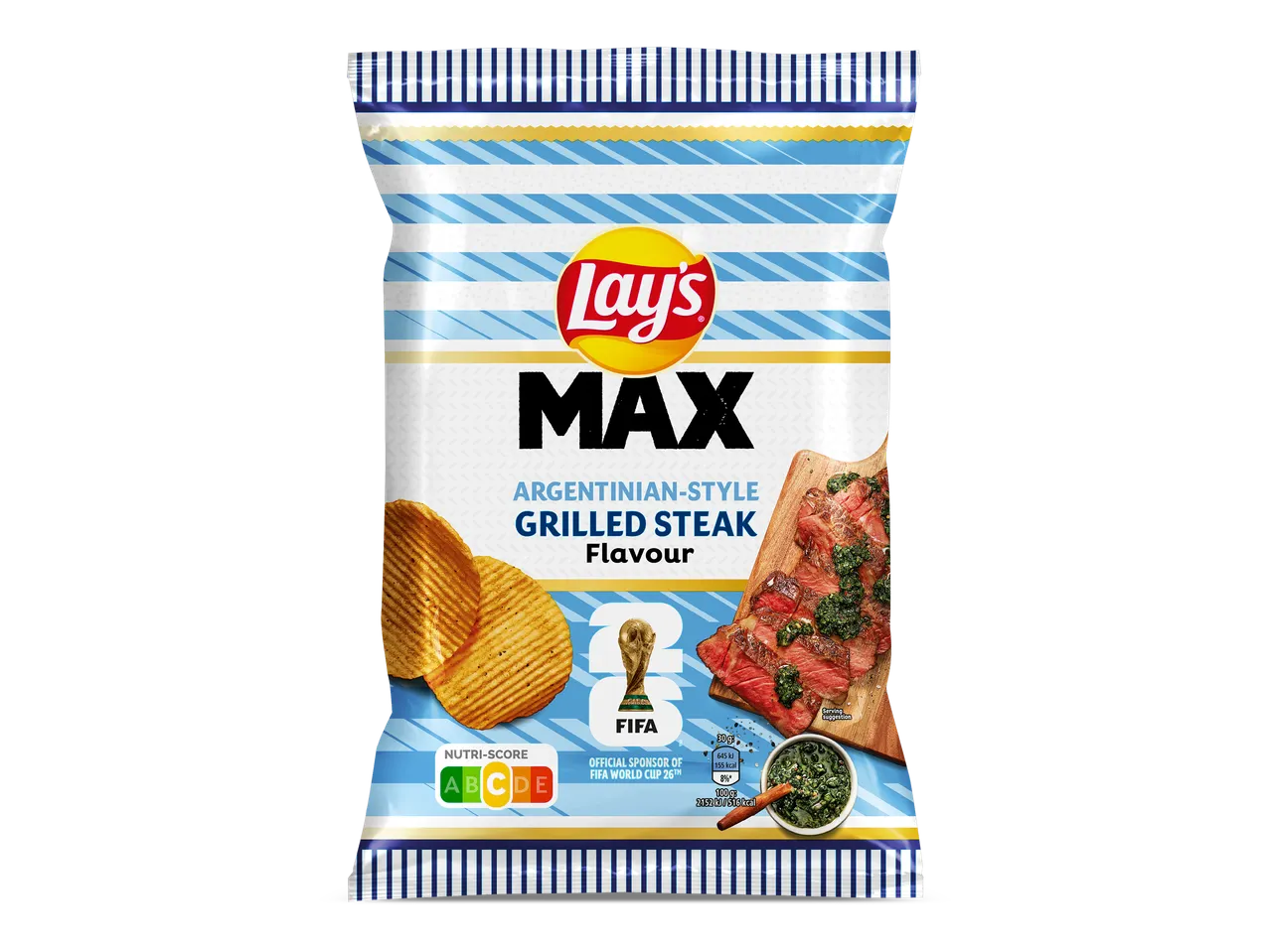 Zak chips met Argentijnse gegrilde steak smaak, Nutri-Score A, en FIFA World Cup 26™ sponsoring.