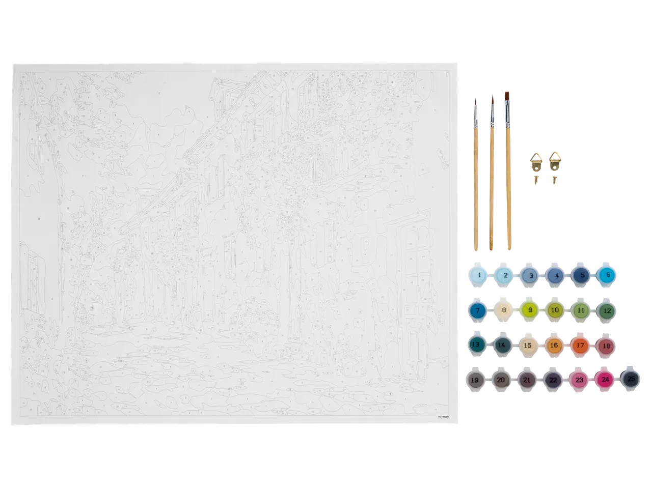 crelando® piešimo pagal skaičius rinkinys su drobe, teptukais, dažais ir tvirtinimo priedais.