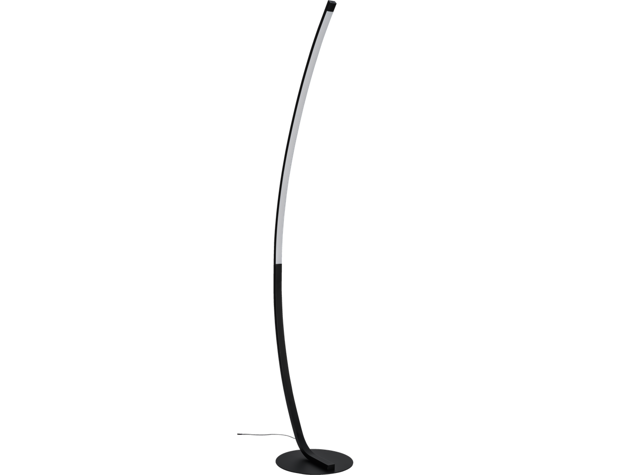 En svart, böjd golvlampa med integrerad LED-belysning.