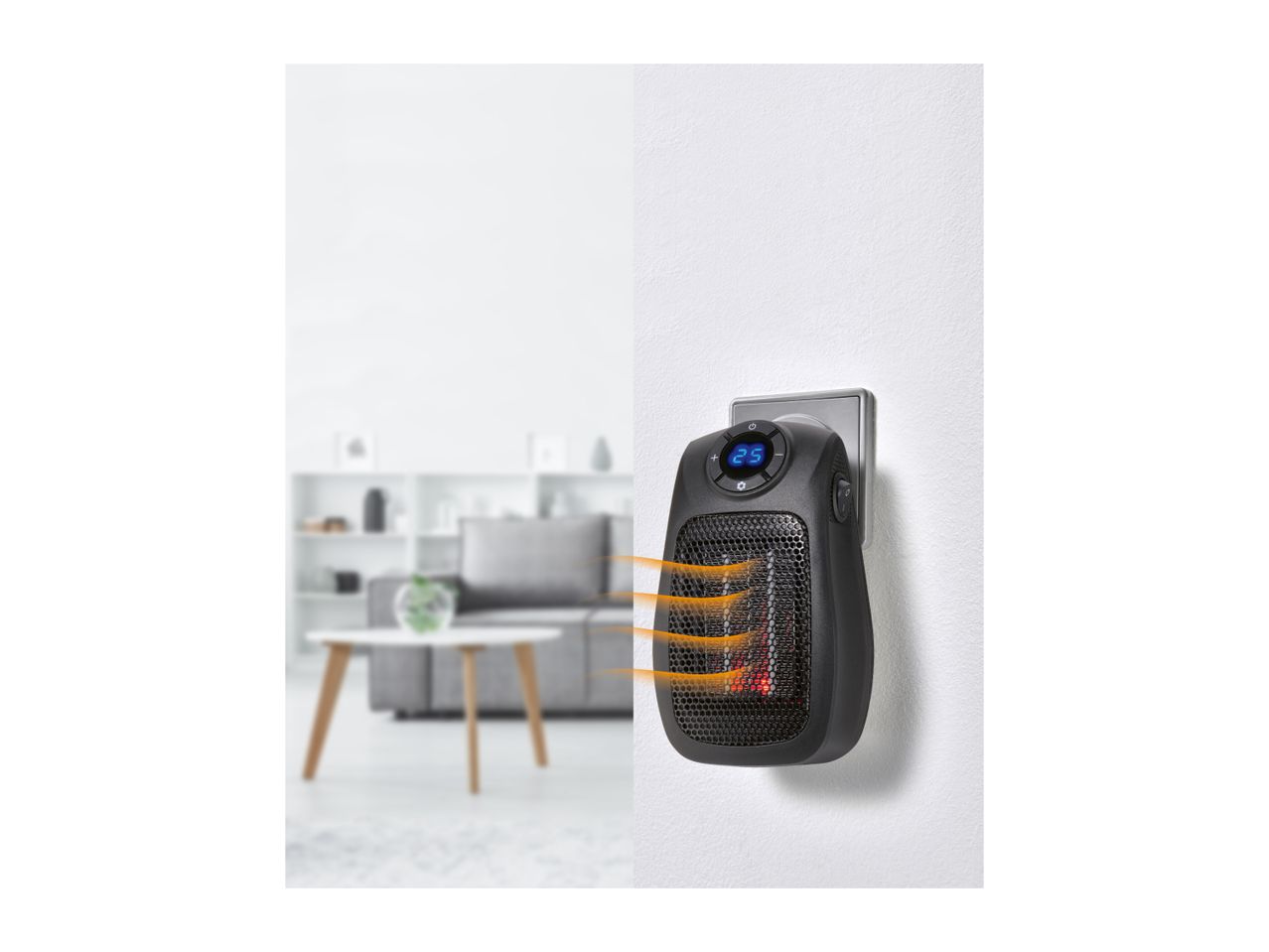 Plug-in electric heater with digital display, warming a modern living room.