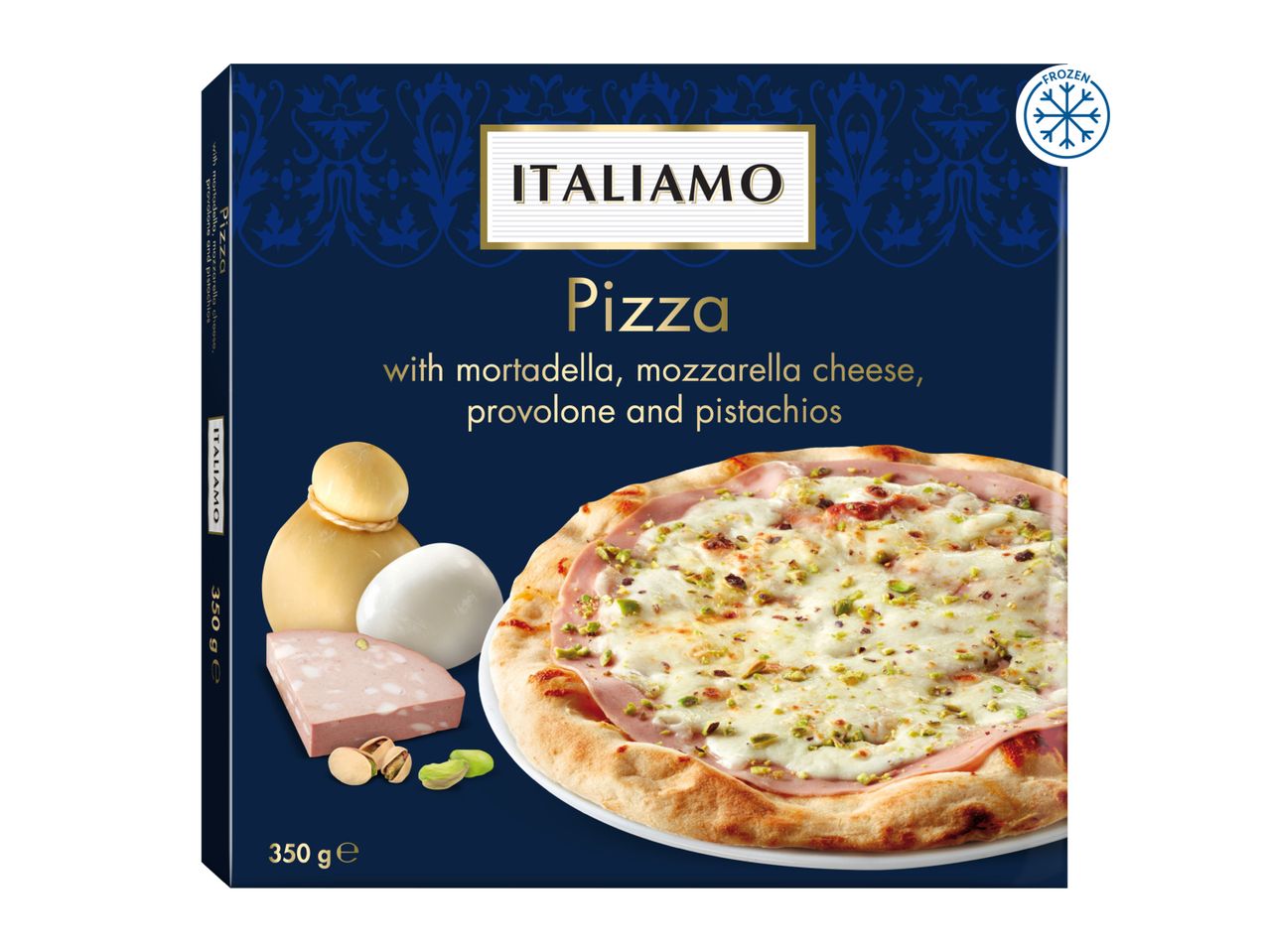 Frozen pizza with mortadella, mozzarella, provolone, and pistachios, 350g.
