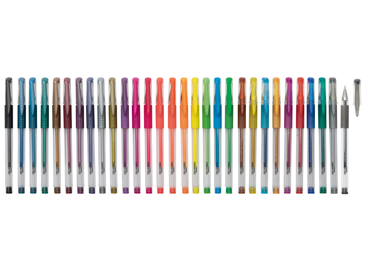 Комплект от 30 броя гел химикалки Crelando в различни цветове, включително метални, неонови и брокатени.