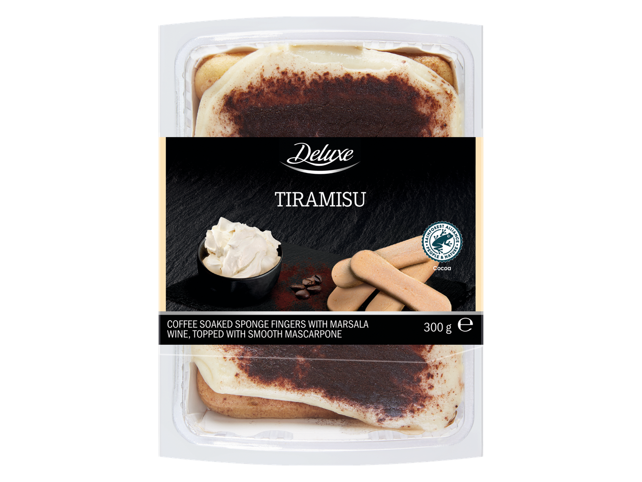 Deluxe Tiramisu deserts ar kafijā mērcētiem biskvīta pirkstiņiem, Marsala vīnu un maskarponi.