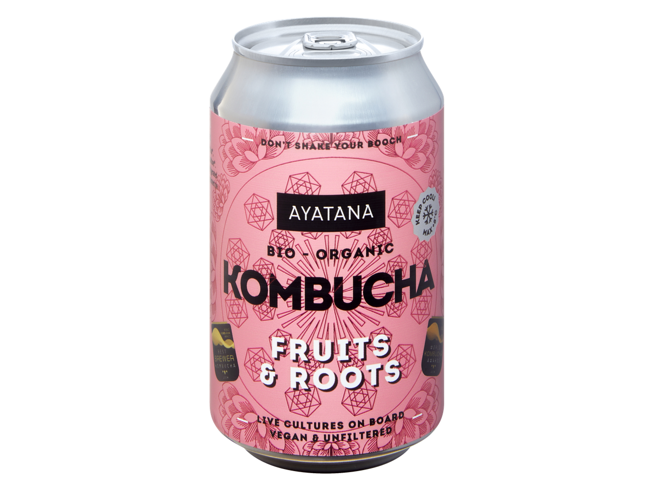 Ayatana Bio-Organic Kombucha, Fruits & Roots smaak, in een roze blikje.