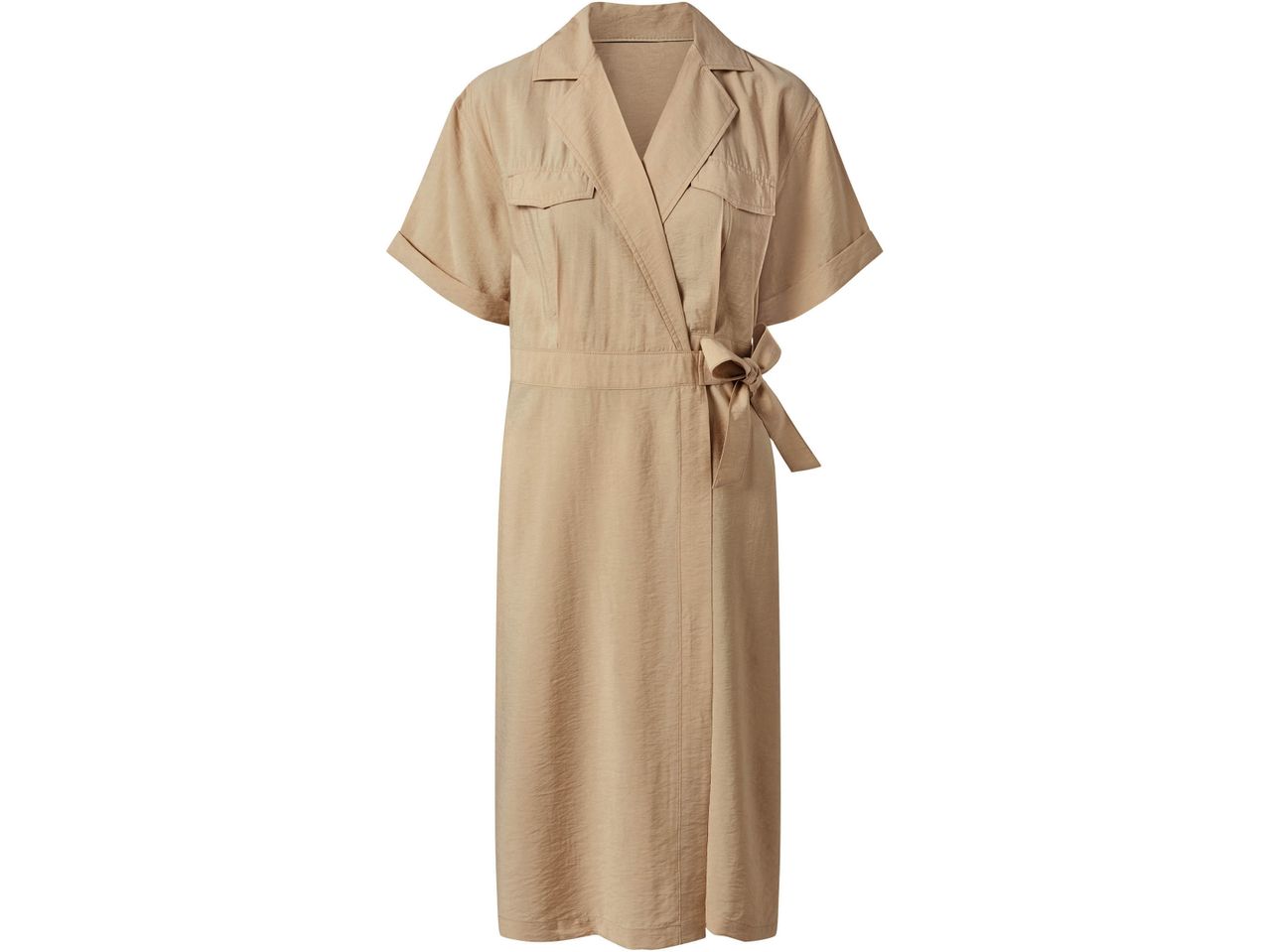 Abito lungo beige a portafoglio con maniche corte e tasche sul petto.