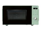Mint green microwave oven with a black door, digital display showing 1:25, and control panel.