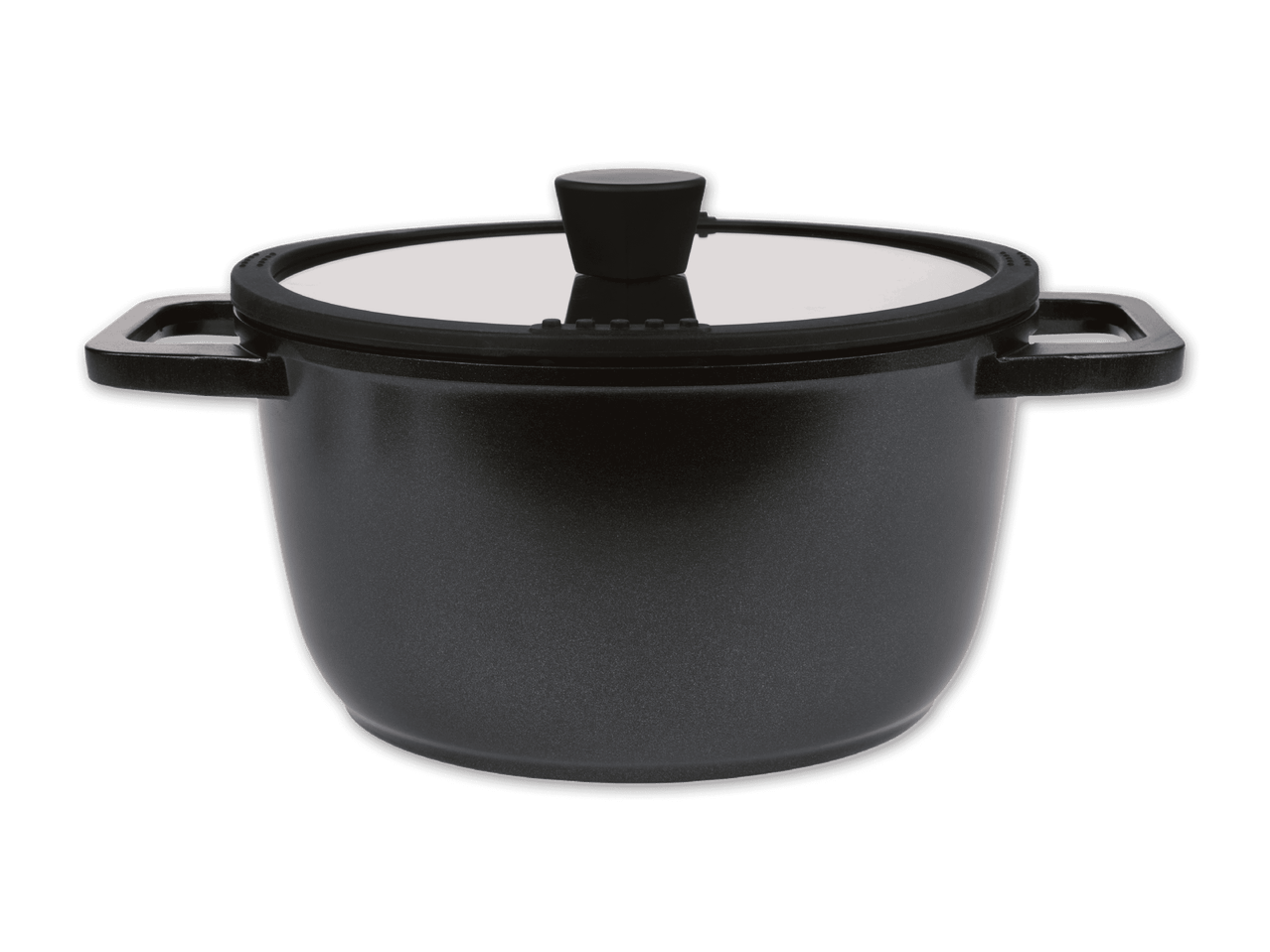 Schwarzer Topf mit Glasdeckel und Griffen