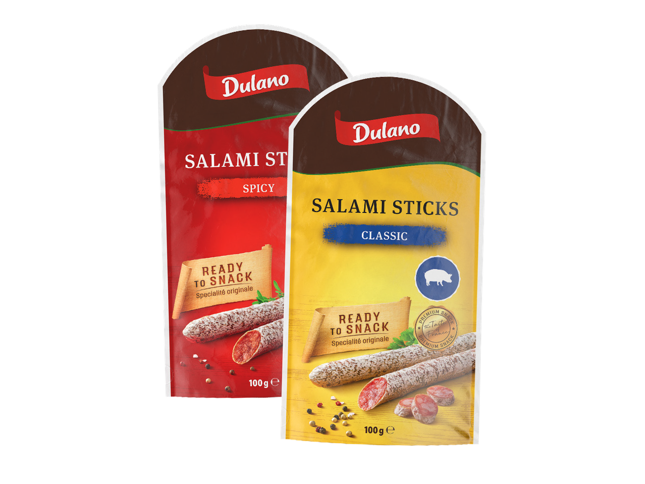 Two packages of Delimano Salami Sticks, one spicy and one original.