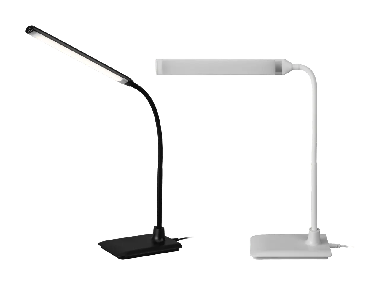 Deux lampes de bureau LED, une noire à col flexible et une blanche à bras rigide.