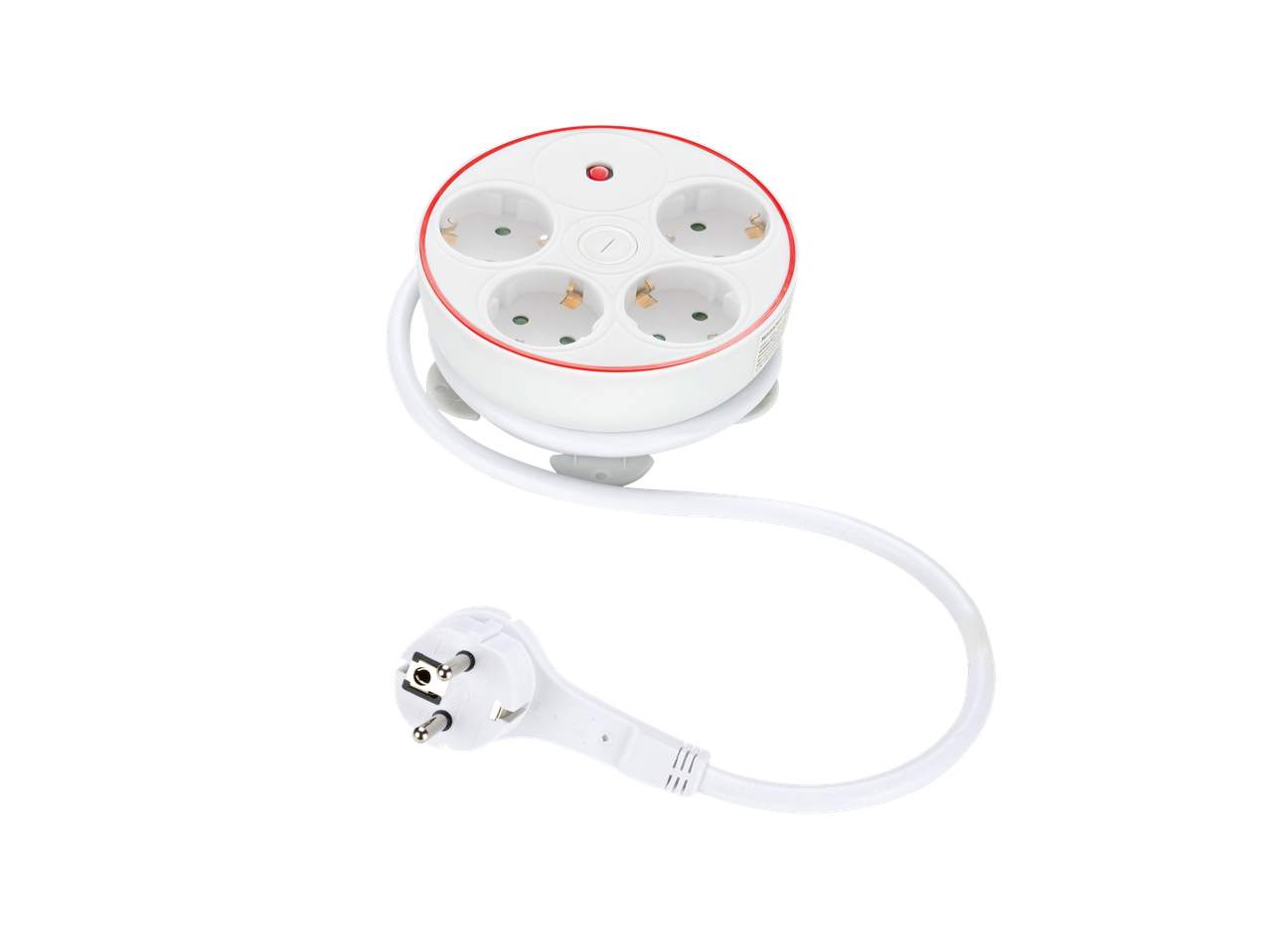 Balts apaļš pagarinātājs ar četrām rozetēm un sarkanu apmali