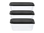 Stack of three rectangular clear plastic food containers with black lids.