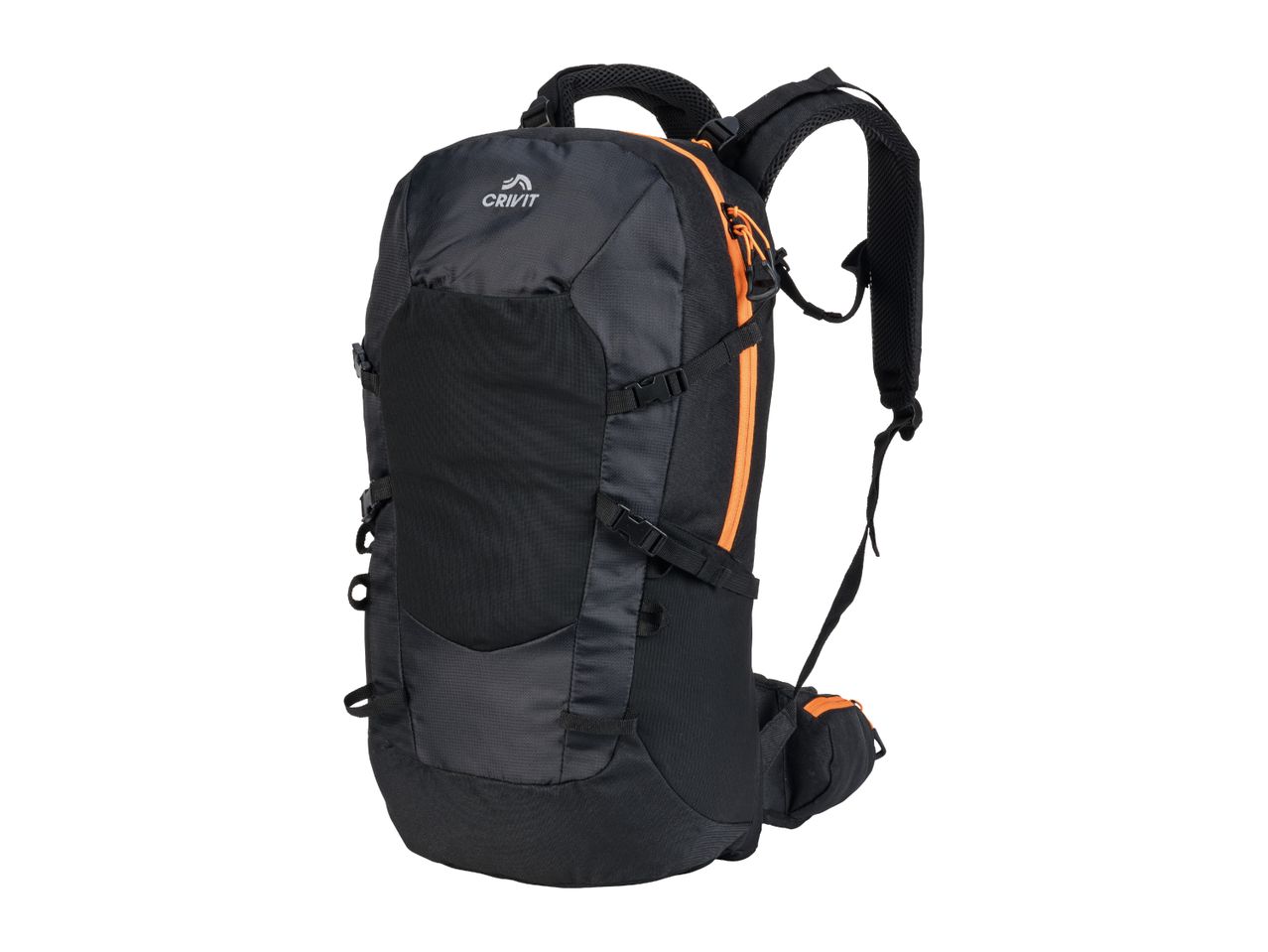 Black and orange hiking backpack with multiple straps and a front logo.