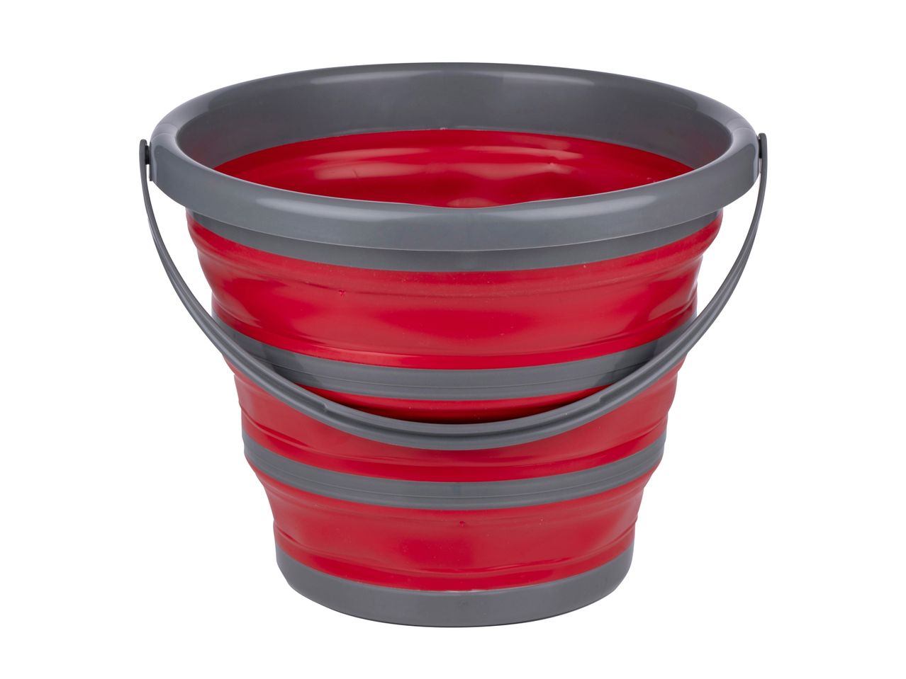 A red and gray collapsible bucket with handles.