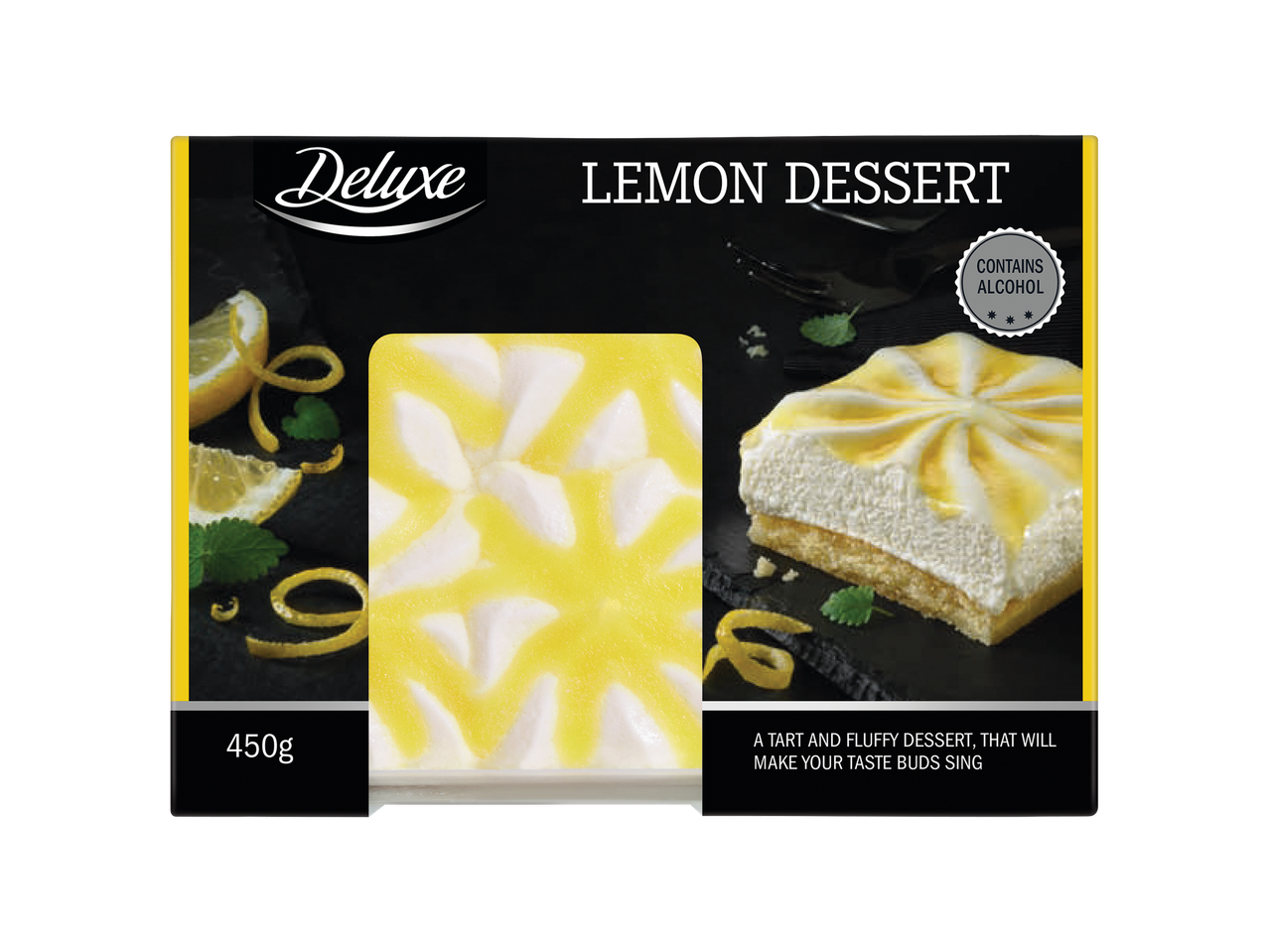 Dessert au citron de 450g, moelleux et acidulé, avec alcool.